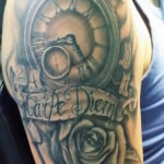 realistic carpe diem tattoo with a clock and a rose