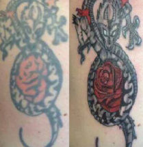 Coverup van een oude tatoeage waarbij alles opnieuw is vormgegeven en ingekleurd